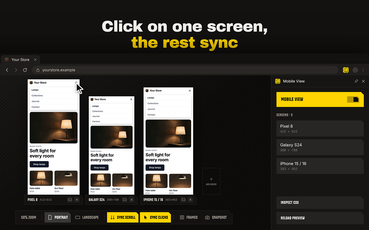 Three phone screens and the Mobile View panel inside one Chrome tab
